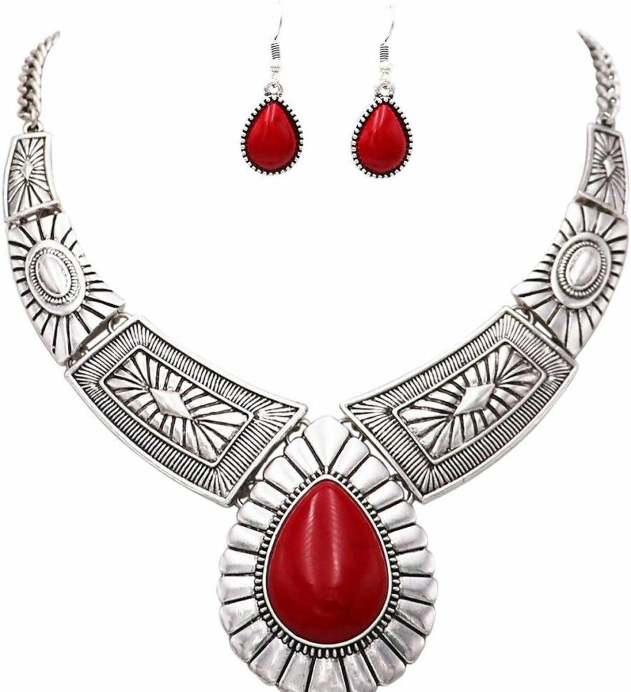 Rosemarie Collections Rosemarie Collections Women'S Chic Western Teardrop Howlite Stone Statement Necklace Earrings Set, 16\"+3\" Extender Jewelry Sets