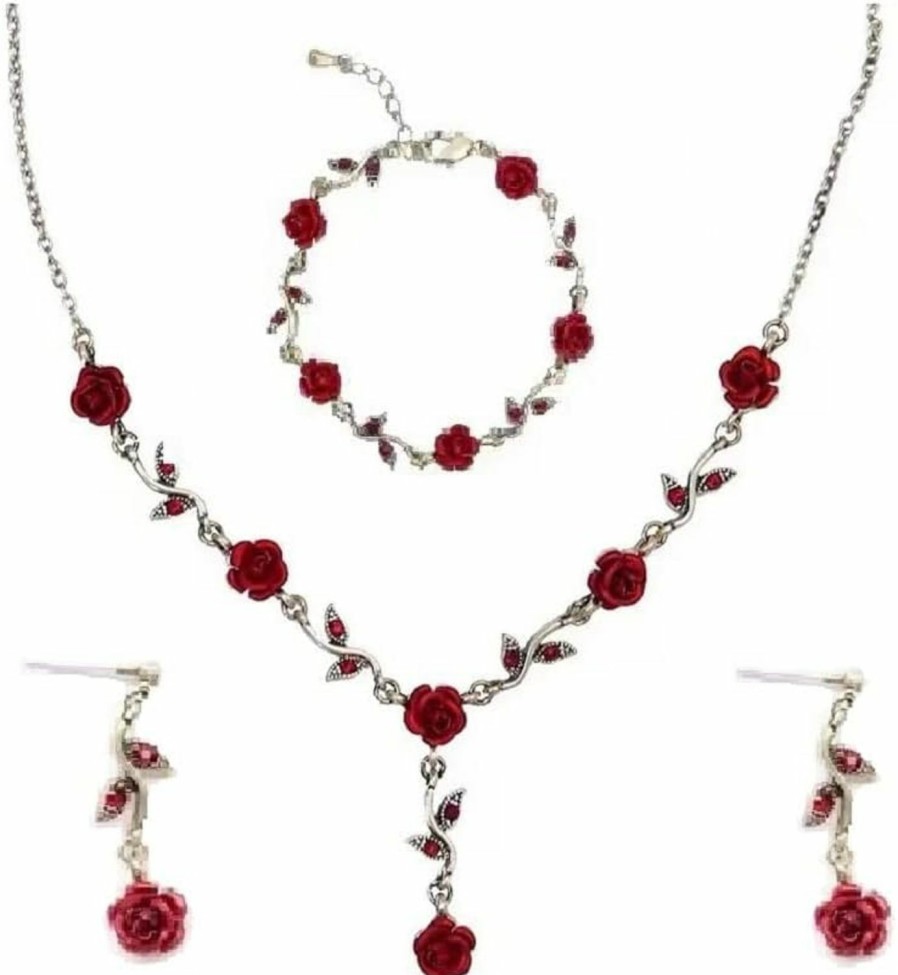 COLORFUL BLING Colorful Bling 3Pcs Rose Red Jewelry Red Necklaces For Women Red Rose Flower Dangle Earrings Bracelet Rose Gold Prom Jewelry Sets For Women Bride Wedding Girls Jewelry Sets