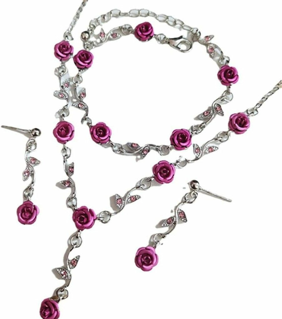 COLORFUL BLING Colorful Bling 3Pcs Rose Red Jewelry Red Necklaces For Women Red Rose Flower Dangle Earrings Bracelet Rose Gold Prom Jewelry Sets For Women Bride Wedding Girls Jewelry Sets