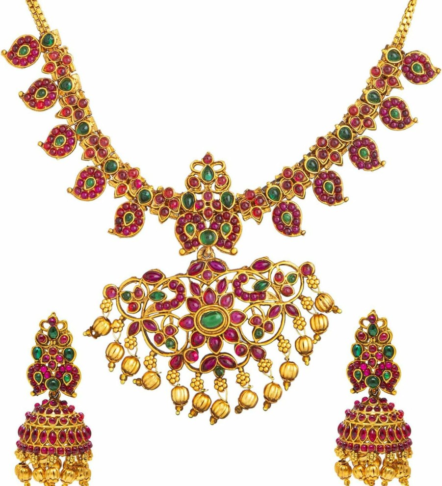 bodha Bodha Traditional Indian Antique Gold Plated Temple Jewelry Traditional Long Bridal Jewelry Necklace Set For Women (Sjn_37) Jewelry Sets