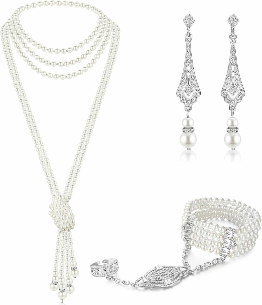 Drperfect Drperfect 6 Pcs Pearl Jewelry Set 1920S Flapper Accessories For Women Long Multilayer Pearl Necklace Vintage 20S Pearl Bracelet Imitation Dangly Teardrop Pearl Dangle Drop Art Deco Earrings Jewelry Sets