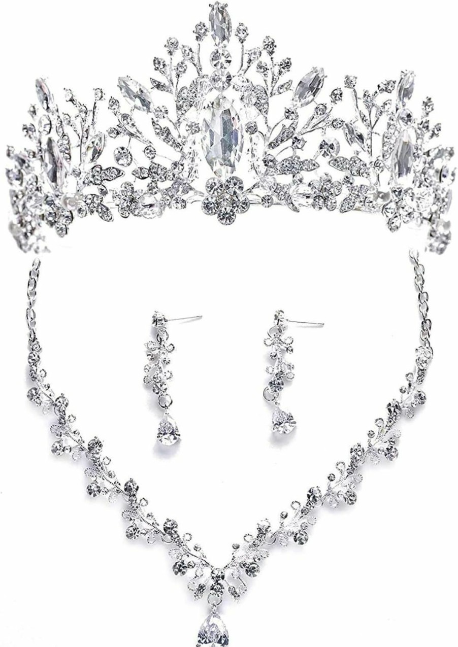 EverLove Bride Headdress Jewelry Wedding Necklace Earrings Set Crystal Crown Tiara Jewelry Sets