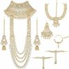 Aheli Aheli Indian Heavy Bridal Jewelry Set Long Choker Necklace Earrings Maang Tikka Nath Paasa Hath Phool Traditional Faux Kundan Beads Wedding Wear For Women White Jewelry Sets