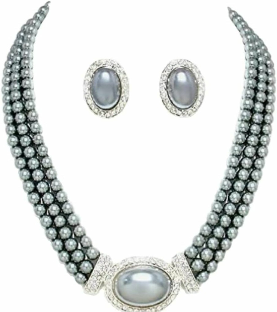 Christina Collection Christina Collection Uniklook Women'S Multi Strands Gray Pearl Crystal Necklace Clip On Earrings Set Costume Jewelry Jewelry Sets