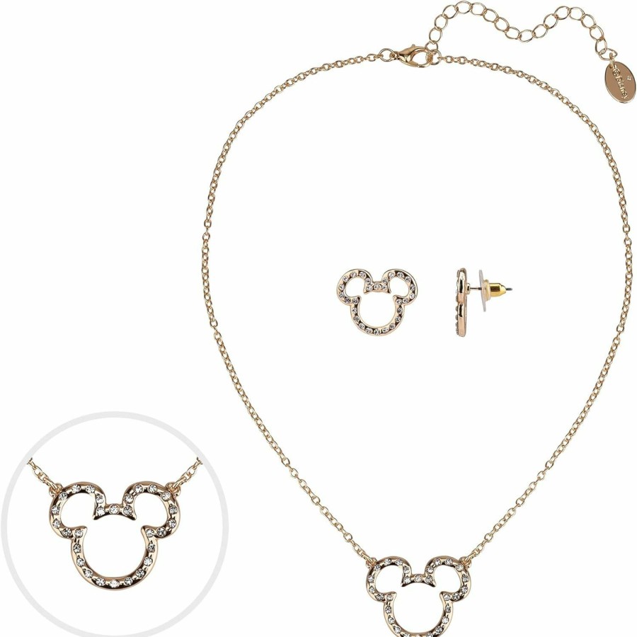 Disney Mickey Mouse Pendant Necklace And Earring Set, Jewelry Gift Box, Gold Tone Enamel With Pave Stone Accent, 18\" Length Jewelry Sets