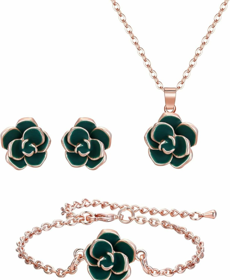 EleQueen Elequeen Rose Flower Necklace Earrings Bracelet Set 14K Green Rose Gold Plated Hypoallergenic Jewelry Sets Gift For Women Girls Jewelry Sets