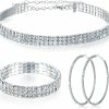 Sureio Sureio 3 Pieces Women Rhinestone Jewelry Set Rhinestone Choker Necklace Crystal Bracelet Crystal Big Hoop Earrings For Wedding Bridal Party Jewelry Sets