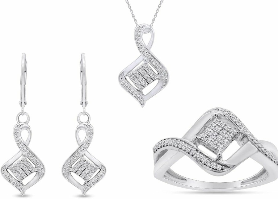 AFFY Affy 1/4 Carat Round White Natural Diamond Bypass Earrings, Pendant Necklace And Ring In 14K Gold Over Sterling Silver (Clarity : I2-I3, Color : I-J, 0.25 Cttw) With 18\" Chain & Ring Size -7 Jewelry Sets