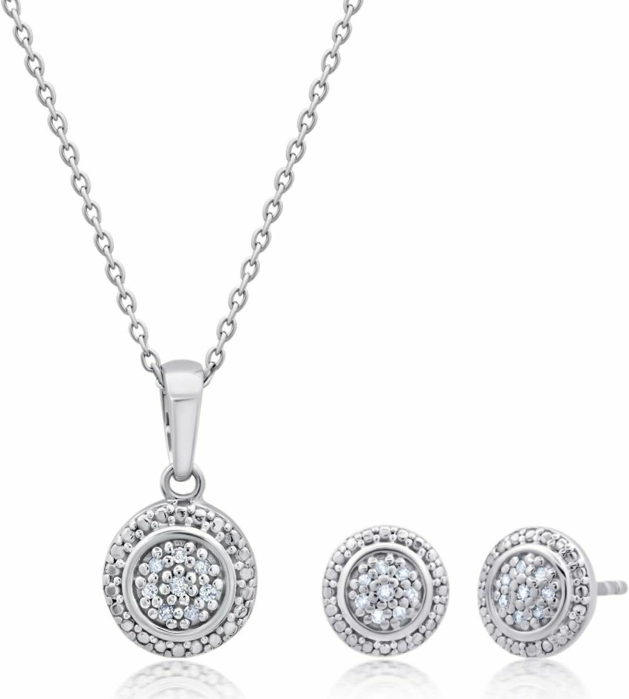 MAX + STONE Max + Stone Diamond Halo Pendant Necklace And Stud Earrings For Women Jewelry Set In Sterling Silver | 0.10 Carat Real Diamond Necklace & Earring Set | Diamond Earrings With Diamond Pendant Jewelry Sets