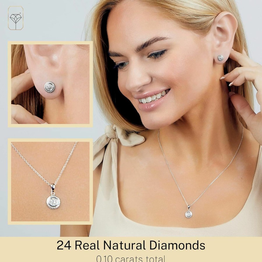 MAX + STONE Max + Stone Diamond Halo Pendant Necklace And Stud Earrings For Women Jewelry Set In Sterling Silver | 0.10 Carat Real Diamond Necklace & Earring Set | Diamond Earrings With Diamond Pendant Jewelry Sets