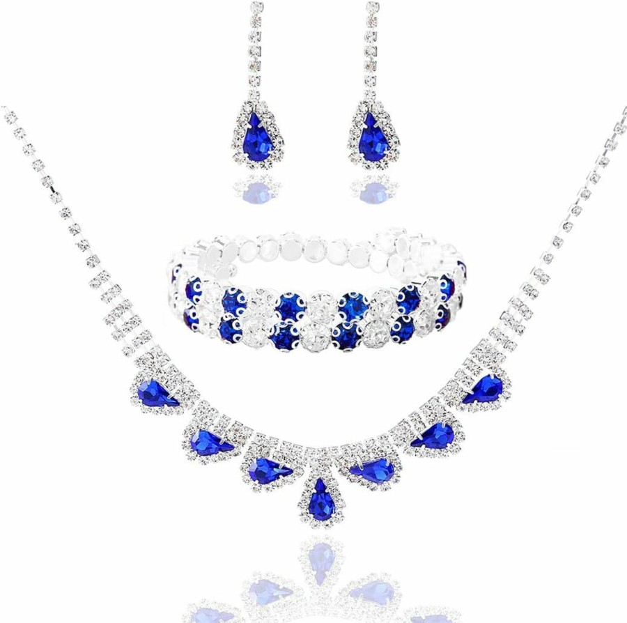 Coxiva Coxiva Women Prom Jewelry Crystal Rhinestone Set Necklace And Earrings Sets Blue Teardrop Silver For Bride Sisters Wife Banquet Wedding Party Valentine'S Day Anniversary Mother'S Day Birthday Gift(4Pieces) Jewelry Sets