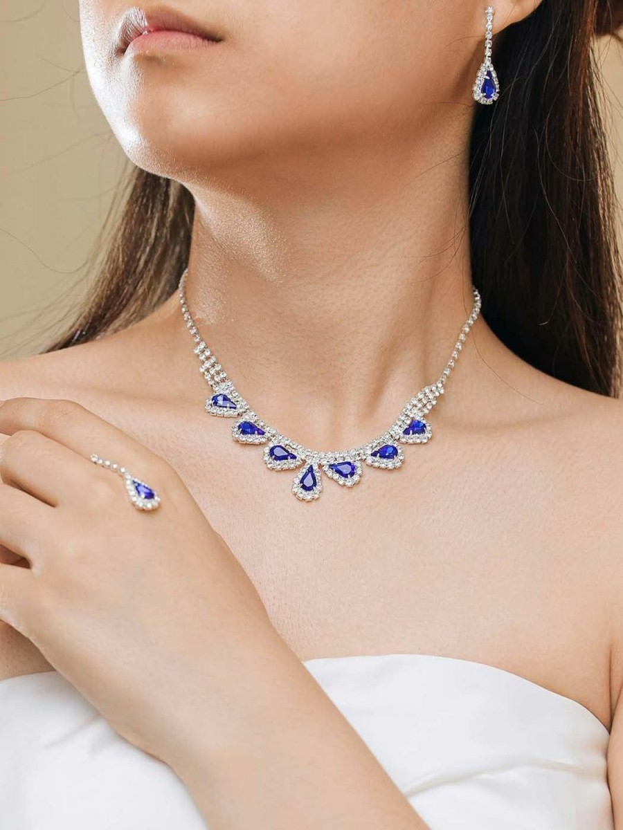 Coxiva Coxiva Women Prom Jewelry Crystal Rhinestone Set Necklace And Earrings Sets Blue Teardrop Silver For Bride Sisters Wife Banquet Wedding Party Valentine'S Day Anniversary Mother'S Day Birthday Gift(4Pieces) Jewelry Sets