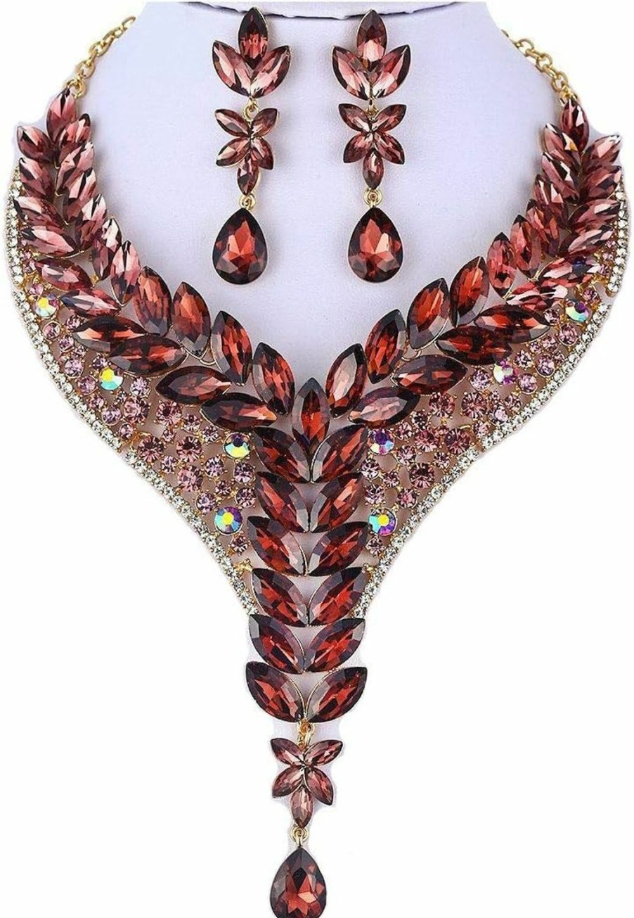 Unknown Janefashions Ivy Austrian Rhinestone Crystal Statement Necklace Earrings Set Burgundy And White N999 Jewelry Sets