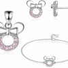 HObler Hobler Minnie Mouse 3 Pieces Silver Jewelry Set Animal Collection For Girls Stud Earrings Bracelet Pendant Sets For Kids Pink Color Zircon Mouse Jewelry For Women Girls Teens Jewelry Sets