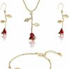 Sureio Sureio 18K Gold Plated Jewelry Set Rose Necklace Bracelet Earrings Personalized Red Rose Flower Necklaces Aesthetic Chain Bracelet Beach Anklets Dangle Hook Earrings For Christmas Gift Girls Women Jewelry Sets