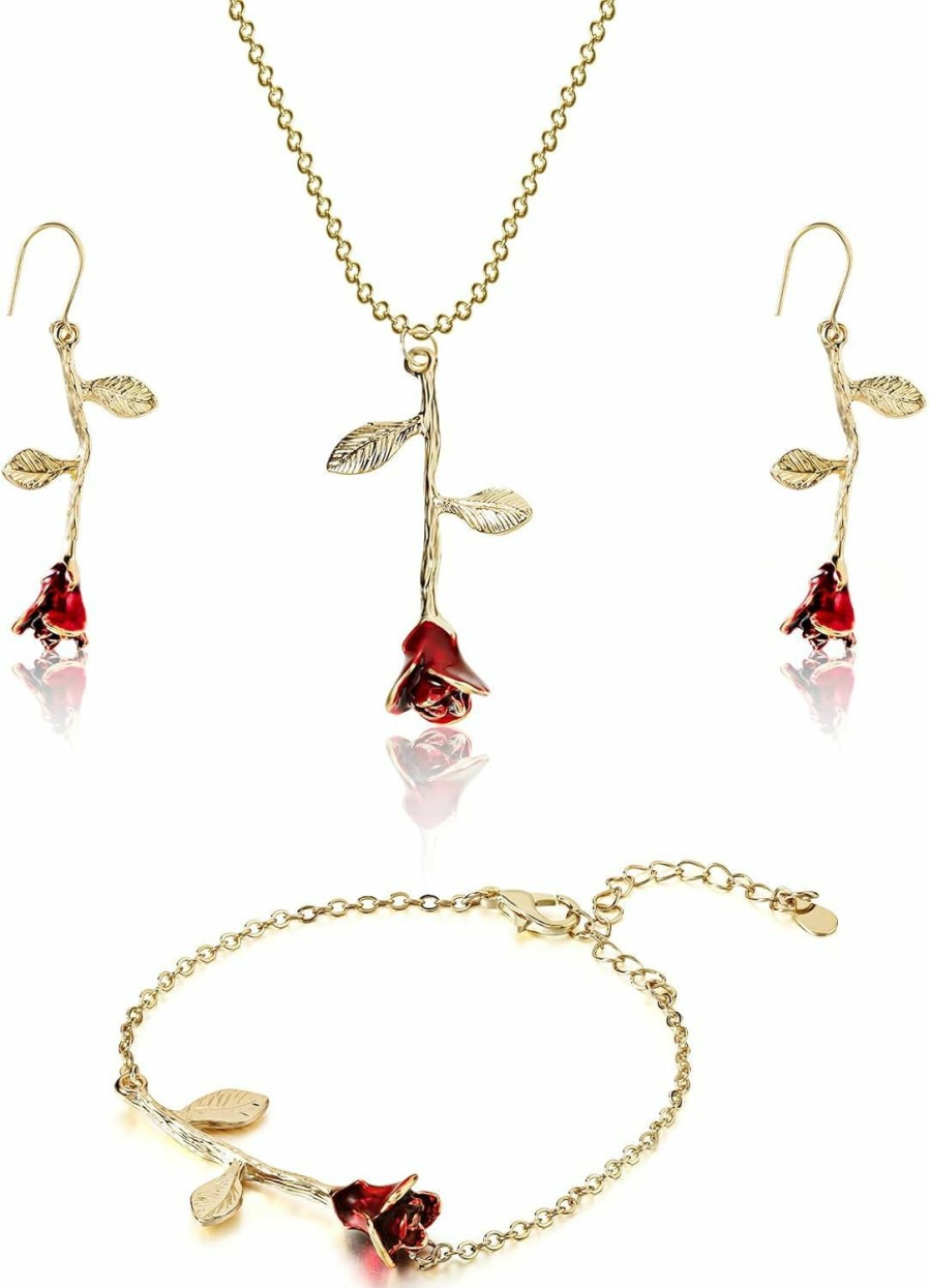 Sureio Sureio 18K Gold Plated Jewelry Set Rose Necklace Bracelet Earrings Personalized Red Rose Flower Necklaces Aesthetic Chain Bracelet Beach Anklets Dangle Hook Earrings For Christmas Gift Girls Women Jewelry Sets