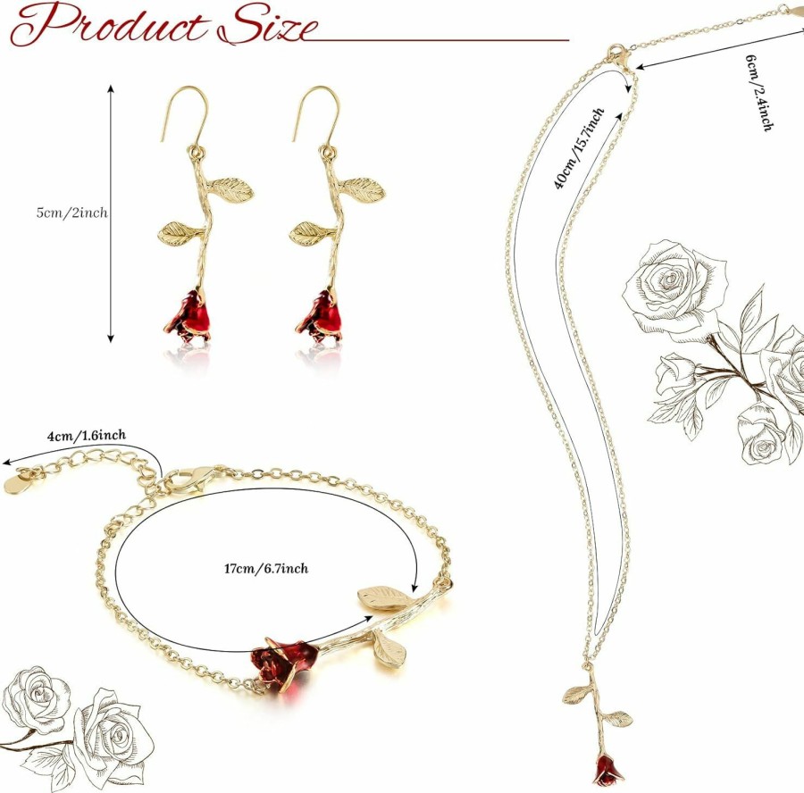 Sureio Sureio 18K Gold Plated Jewelry Set Rose Necklace Bracelet Earrings Personalized Red Rose Flower Necklaces Aesthetic Chain Bracelet Beach Anklets Dangle Hook Earrings For Christmas Gift Girls Women Jewelry Sets