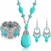 Hicarer 3 Pieces Bohemian Turquoise Jewelry Set Women Western Jewelry Set Turquoise Pendant Necklace, Vintage Turquoise Dangle Earrings, Stretchable Turquoise Bracelet For Women Statement Boho Jewelry Set Jewelry Sets