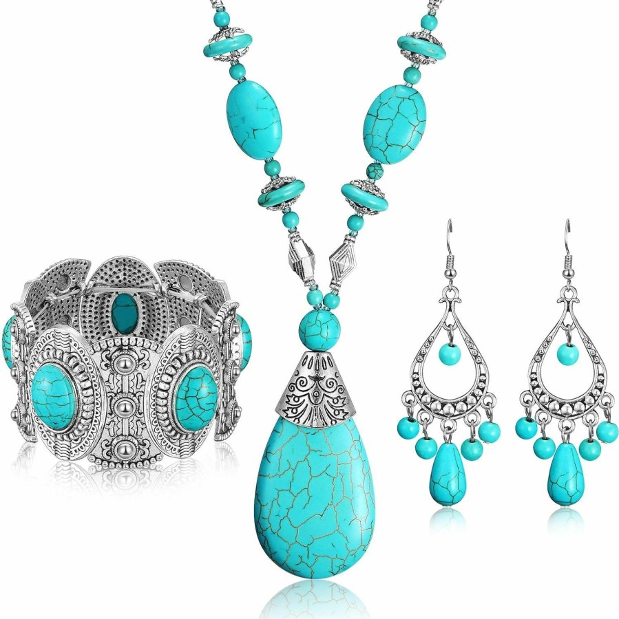 Hicarer 3 Pieces Bohemian Turquoise Jewelry Set Women Western Jewelry Set Turquoise Pendant Necklace, Vintage Turquoise Dangle Earrings, Stretchable Turquoise Bracelet For Women Statement Boho Jewelry Set Jewelry Sets