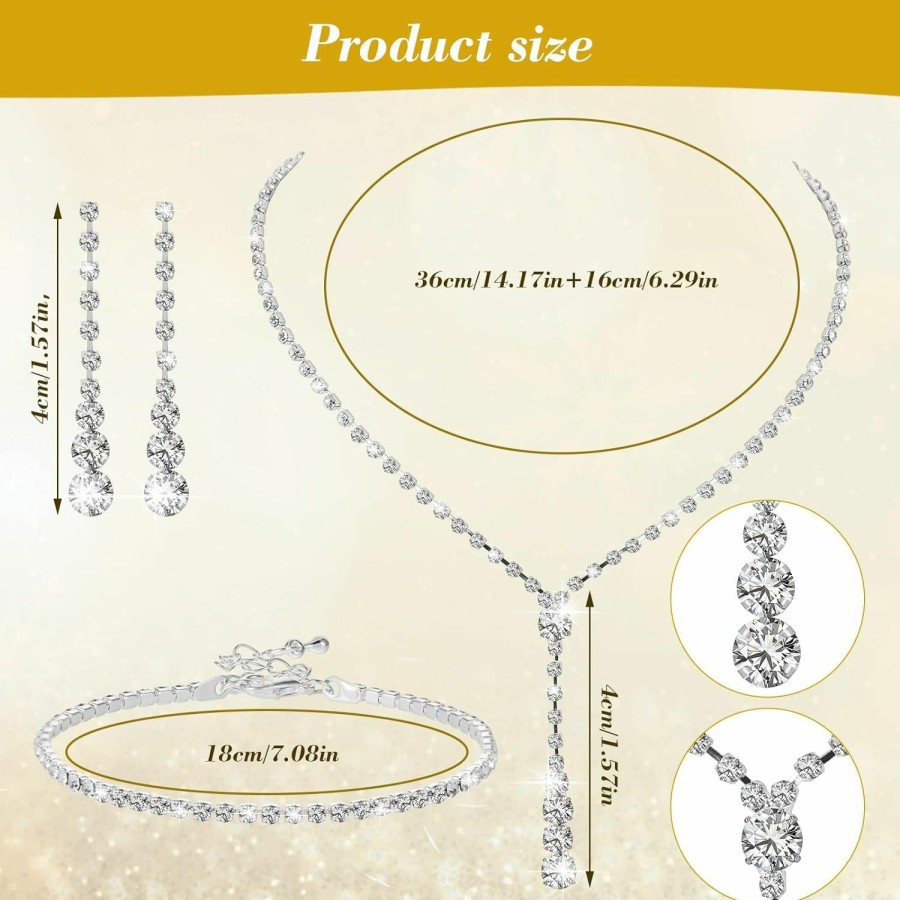 Yolev 4Pcs Bridal Teardrop Necklace Dangle Earrings Rhinestone Bracelet Set Silver Wedding Jewelry Set For Women And Girls For Wedding Party Jewelry Sets