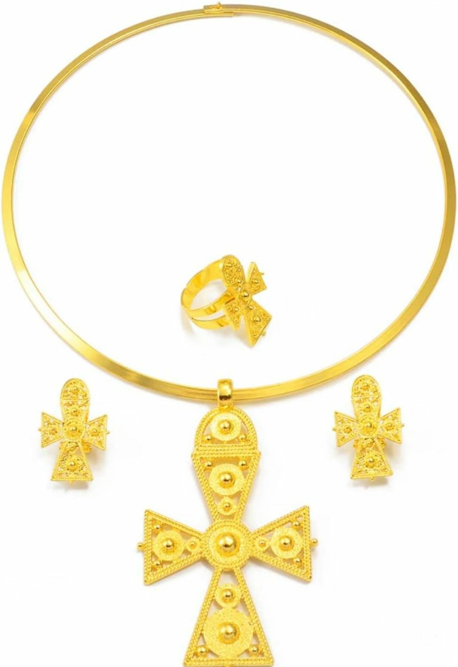 N-Made Beautifull N-Made Beautifull Ethiopian Jewelry For Women Set - African Jewelry Sets For Women - Ethiopian Big Cross Jewelry Sets Chokers Pendant Earrings Ring Gold Color African Eritrea Traditional Wedding Jewelry Sets