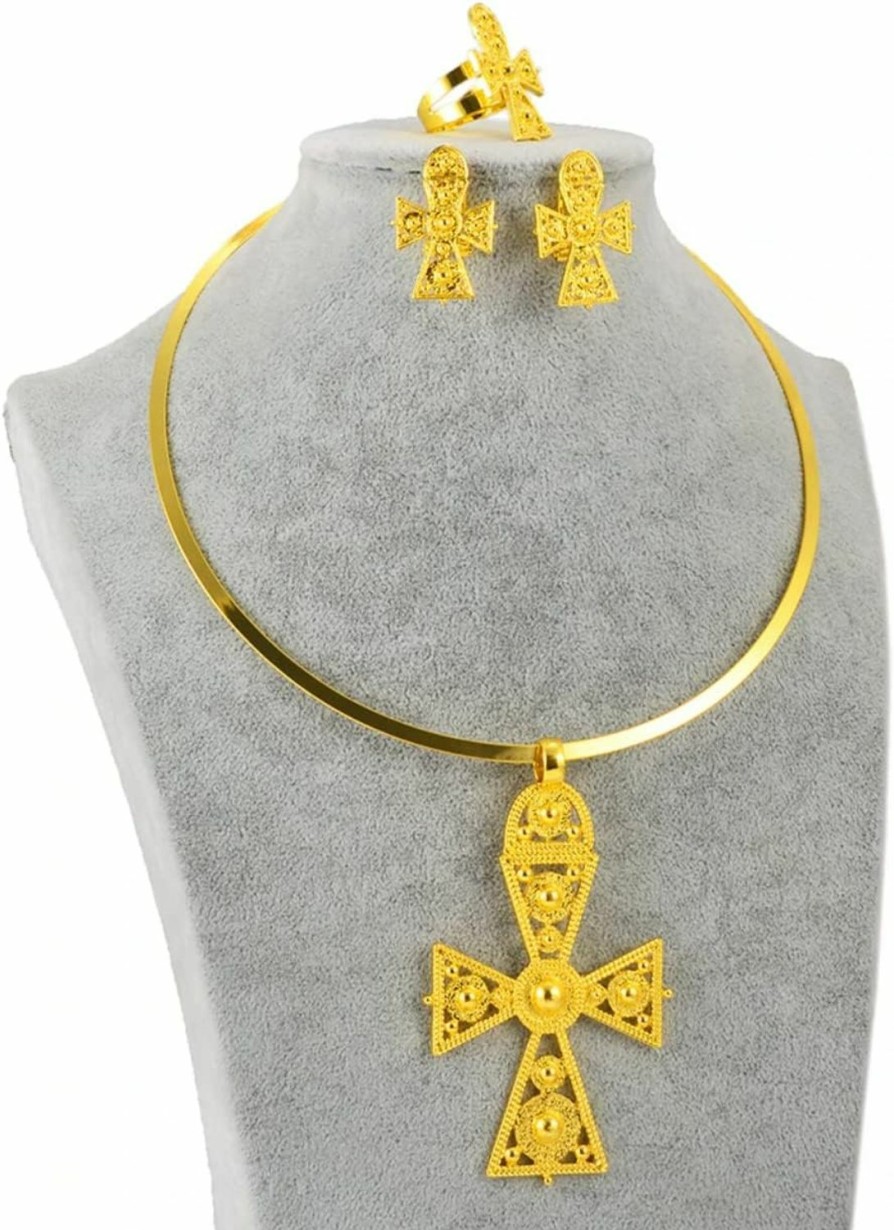 N-Made Beautifull N-Made Beautifull Ethiopian Jewelry For Women Set - African Jewelry Sets For Women - Ethiopian Big Cross Jewelry Sets Chokers Pendant Earrings Ring Gold Color African Eritrea Traditional Wedding Jewelry Sets