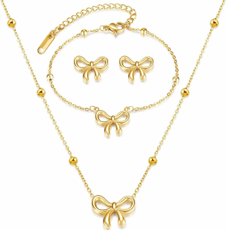 YANCHUN Yanchun Gold Bow Necklace For Women Dainty Gold Bow Bracelet Bowknot Necklace Gold Bow Stud Earrings Gold Bow Ring Jewelry Set For Girls Jewelry Sets