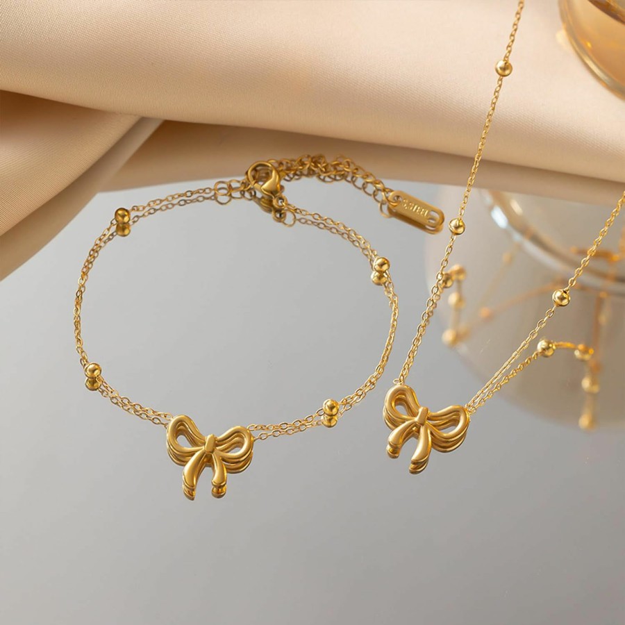 YANCHUN Yanchun Gold Bow Necklace For Women Dainty Gold Bow Bracelet Bowknot Necklace Gold Bow Stud Earrings Gold Bow Ring Jewelry Set For Girls Jewelry Sets