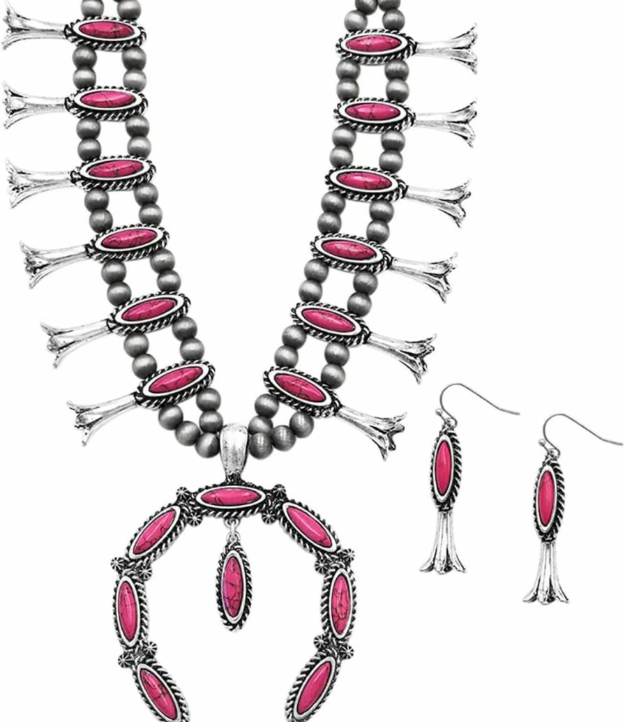 Rosemarie & Jubalee Rosemarie & Jubalee Women'S Colorful Natural Semi Precious Howlite Stone Statement Western Squash Blossom Necklace Earrings Set, 24\"+3\" Extension Jewelry Sets