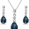 B. BRILLIANT Sterling Silver Simulated London Blue Topaz & White Topaz Pear-Cut Teardrop Dangling Stud Earrings & Necklace Jewelry Set For Women Girls Jewelry Sets