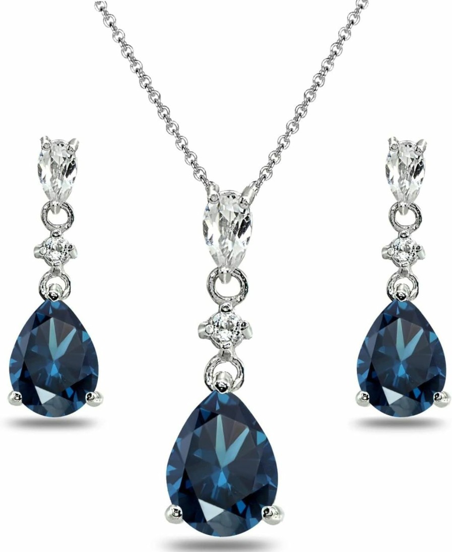 B. BRILLIANT Sterling Silver Simulated London Blue Topaz & White Topaz Pear-Cut Teardrop Dangling Stud Earrings & Necklace Jewelry Set For Women Girls Jewelry Sets