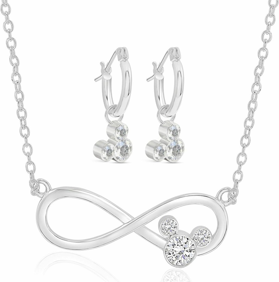 Disney Disney Mickey Mouse Jewelry For Women, Infinity Necklace And Hoop Dangle Earrings Set, Crystal Accents, Silver Plated, 18\" Jewelry Sets