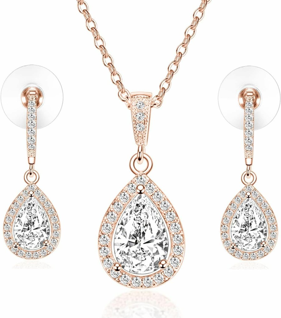 Vinjewelry Vinjewelry Cz Necklace And Stud Earrings Set 14K White Rose Gold Plated Wedding Jewelry For Bridal Jewelry Sets