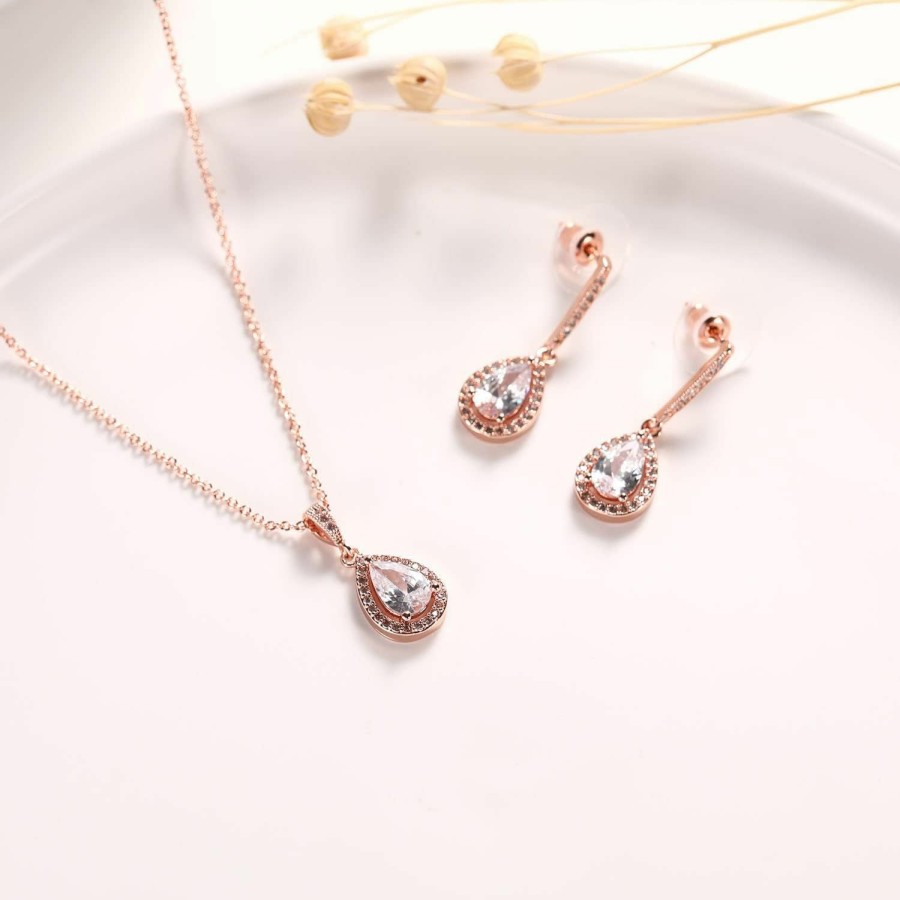 Vinjewelry Vinjewelry Cz Necklace And Stud Earrings Set 14K White Rose Gold Plated Wedding Jewelry For Bridal Jewelry Sets