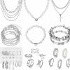 VKME 43 Pcs Silver Jewelry Set For Women Girls,Ball Dangle Hoop Earrings,Multi Layered Bracelets,Stackable Knuckle Rings,Adjustable Dainty Necklaces,Anniversary Valentine Fashion Trendy Party Gift Pack Jewelry Sets