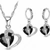 Generic Luxury Women 925 Sterling Silver Cubic Zircon Necklace Pendant Earrings Sets Cartilage Piercing Jewelry Wedding Heart Design, Black Jewelry Sets