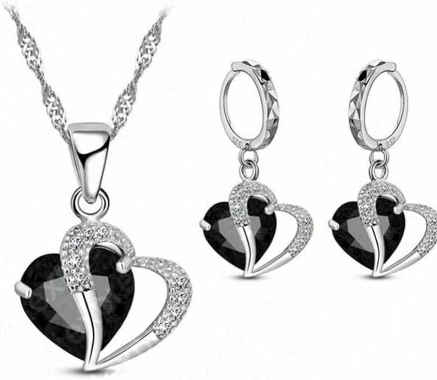 Generic Luxury Women 925 Sterling Silver Cubic Zircon Necklace Pendant Earrings Sets Cartilage Piercing Jewelry Wedding Heart Design, Black Jewelry Sets