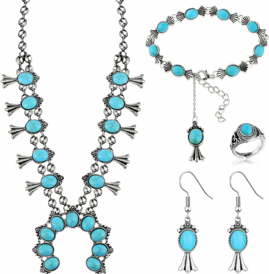 Henoyso Henoyso 4 Pcs Bohemian Squash Blossom Turquoise Western Jewelry Set Vintage Metal Howlite Necklace Earrings Wrist Chain Ring For Women (Blue Turquoise, Modern Style) Jewelry Sets