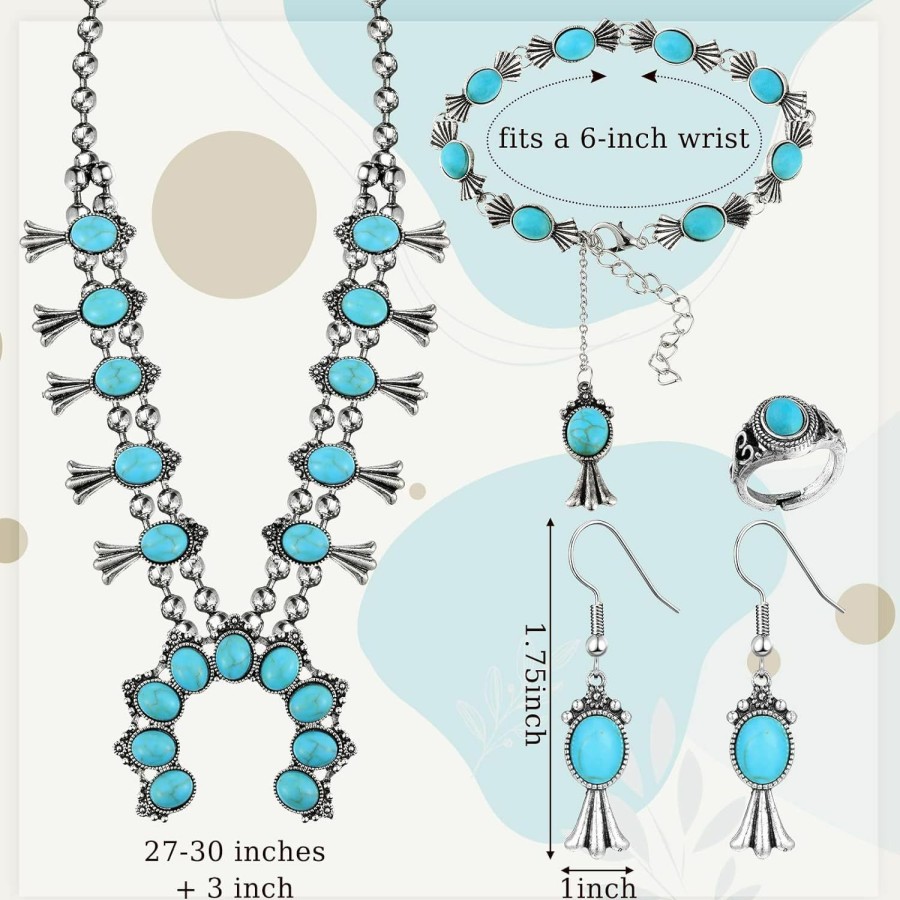 Henoyso Henoyso 4 Pcs Bohemian Squash Blossom Turquoise Western Jewelry Set Vintage Metal Howlite Necklace Earrings Wrist Chain Ring For Women (Blue Turquoise, Modern Style) Jewelry Sets