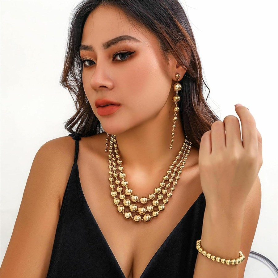 YBMYCM Ybmycm Gold Beaded Jewelry Set Chunky Multi Strands Choker Necklace Bracelet Earrings Set For Women Girls Jewelry Sets