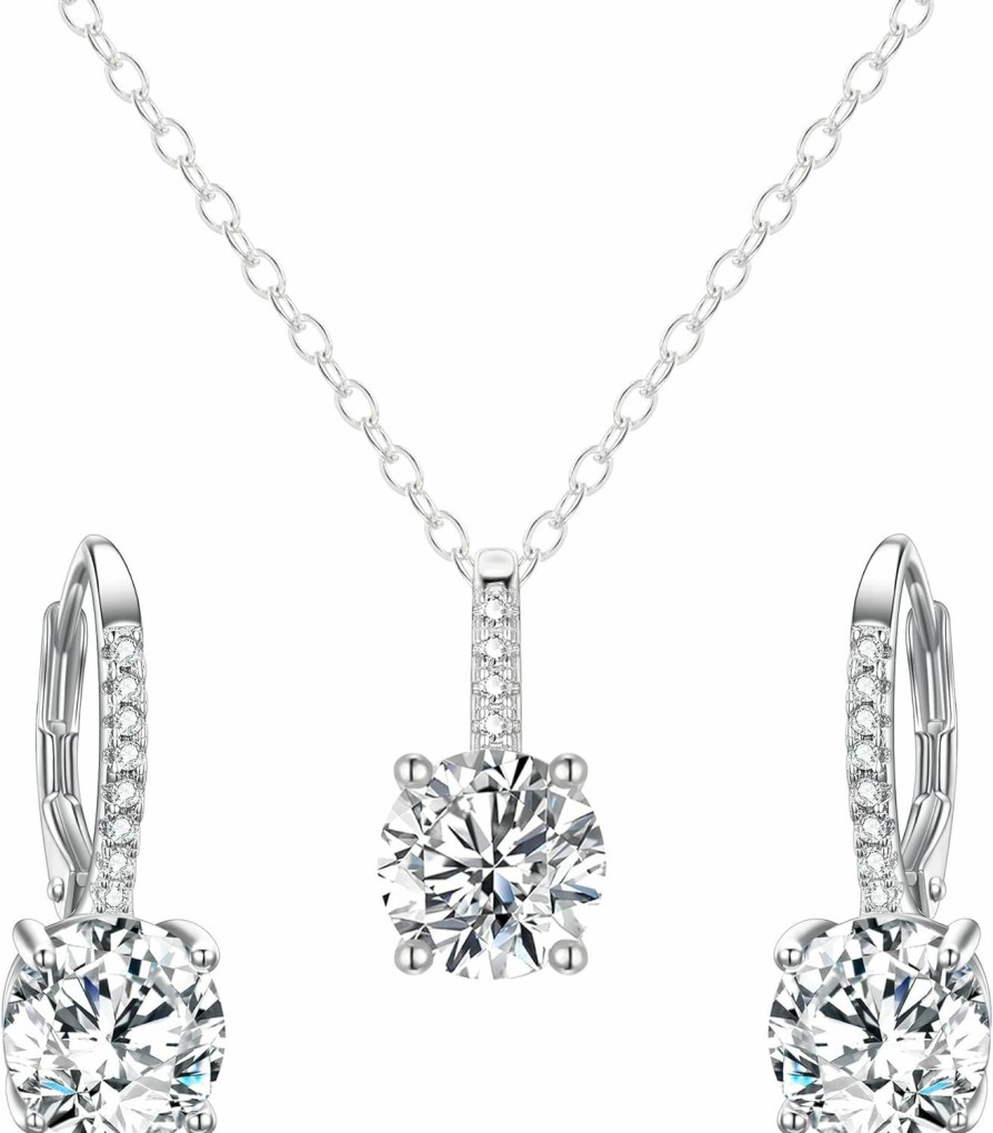 EVER FAITH Ever Faith Bridal Wedding Jewelry Set, 925 Sterling Silver Sparkly White Cz Birthstone Hypoallergenic Engagement Necklace Earrings Set Jewelry Sets