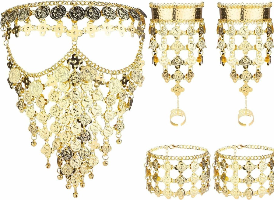 Sanfenly Sanfenly Belly Dance Jewelry Set For Women Cosplay Gold/Silver Coins Veil Triangle Bracelets With Ring And Coin Anklet Halloween Carnival Dance Play Accessories With Indian Style Gypsy Jewelry Jewelry Sets