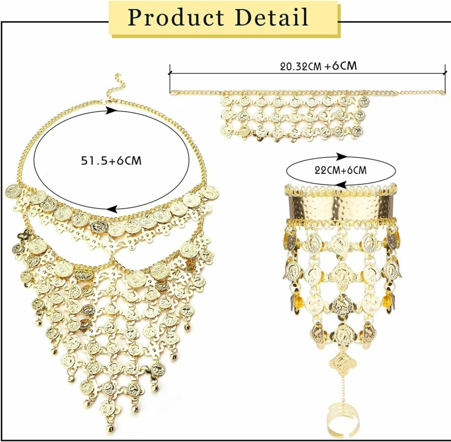 Sanfenly Sanfenly Belly Dance Jewelry Set For Women Cosplay Gold/Silver Coins Veil Triangle Bracelets With Ring And Coin Anklet Halloween Carnival Dance Play Accessories With Indian Style Gypsy Jewelry Jewelry Sets