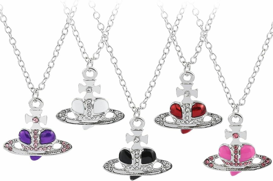 WDLYAN Wdlyan Punk Heart Saturn Necklace - 5 Colors Available Fashion Baroque Rhinestone Love Heart Saturn Planet Pendant Necklace Jewelry Jewelry Sets