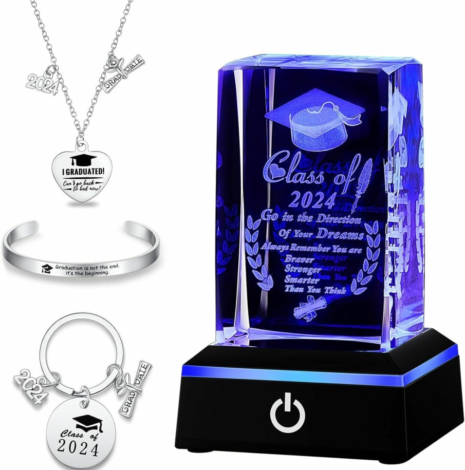 Yexiya Yexiya Set Of 4 Graduation Gifts 3D Layser Engraved Class Of 2024 With Base Graduation Bracelets Necklace Key Chain For Him Her Graduate Inspirational Gifts For College High School Phd Masters Degree Jewelry Sets