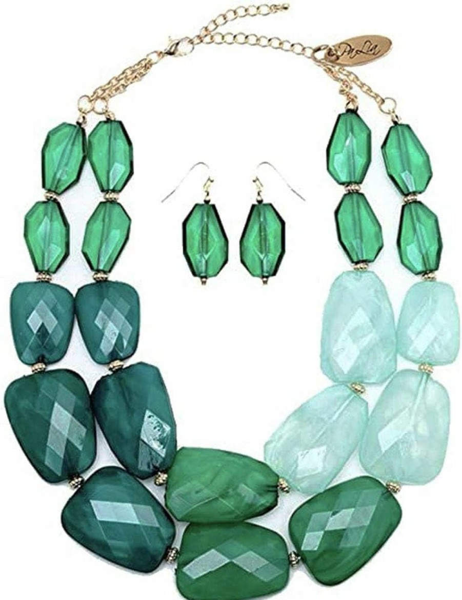 Secret for Longevity Secret For Longevity Multi Greens Emerald Jade Malachite Colored Resin Big Chunky Collar Statement Necklace Jewelry Sets