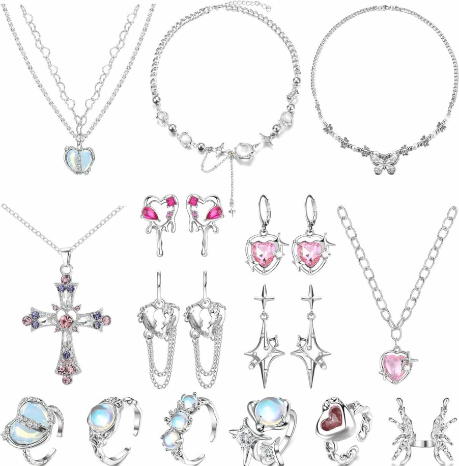 Subiceto Subiceto 15Pcs Star Moonstone Necklace Irregular Agate Heart Butterfly Pink Crystal Cross Pendant Necklace Earrings Silver Natural Indie Punk Coquette Stacking Rings Adjustable For Women Jewelry Sets