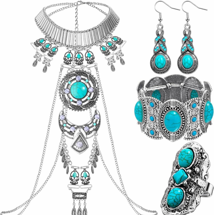 Hinly 4 Pieces Boho Jewelry Set Includes Boho Statement Turquoise Necklace Body Chains Alloy Oval Resin Drop Dangle Earrings Adjustable Heart Compressed Turquoise Bracelet Turquoise Statement Ring For Women Jewelry Sets