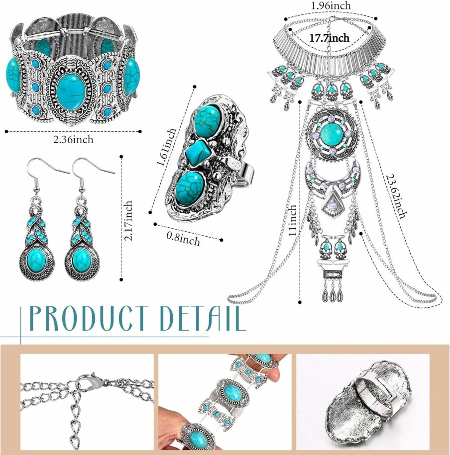 Hinly 4 Pieces Boho Jewelry Set Includes Boho Statement Turquoise Necklace Body Chains Alloy Oval Resin Drop Dangle Earrings Adjustable Heart Compressed Turquoise Bracelet Turquoise Statement Ring For Women Jewelry Sets