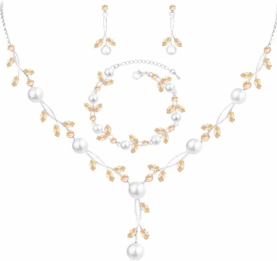 SFE Sfe Luxury Cubic Zirconia Aurtrian Crystal Pearl Floral Necklace Dangle Earrings Wedding Bridal Jewelry Set Birthday Gifts For Her Jewelry Sets